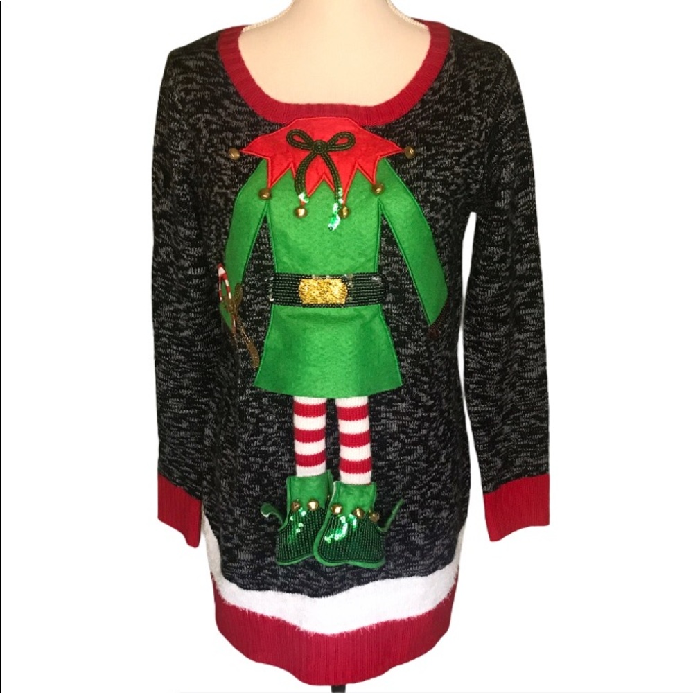 Christmas Ugly Black Sweater Elf with Bells S
